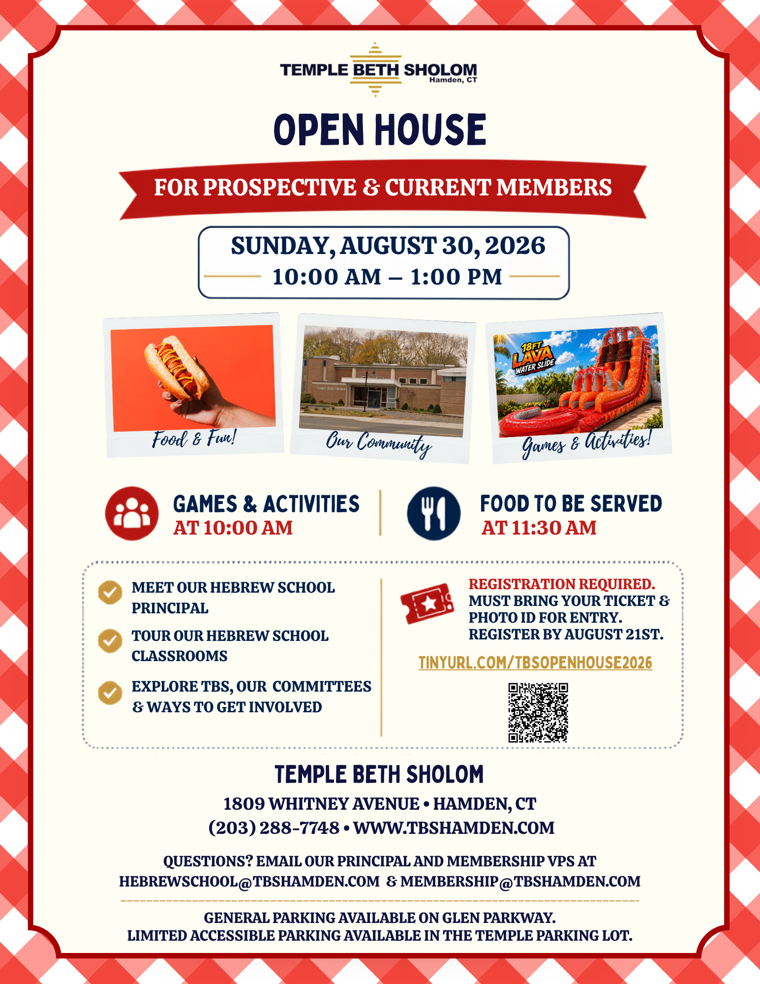 Join us for Temple Beth Sholom’s Open House on Sunday, August 30 from 10:00 AM–1:00 PM! Prospective and current members are invited to meet our Hebrew School principal, tour our classrooms, explore TBS committees, and discover ways to get involved in our community. Enjoy games and activities beginning at 10:00 AM, followed by food and fun at 11:30 AM. Registration is required by August 21